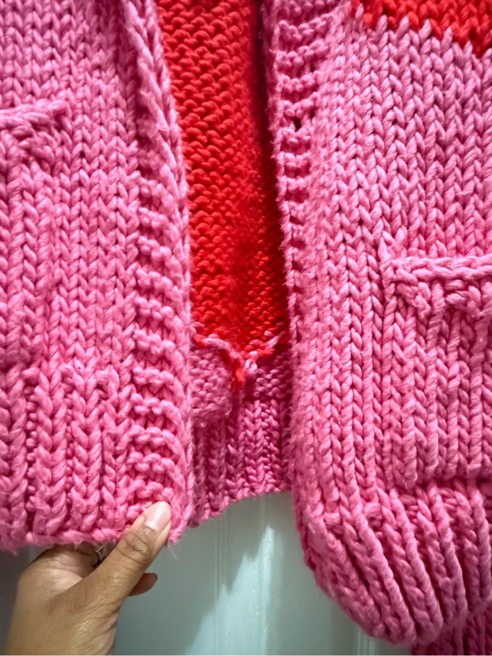 GOGO Sweaters Pink Chunky Knit Cardigan with Red Heart Detail Cotton - Picture 3 of 5